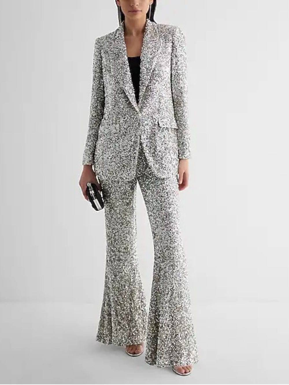 Express Sequin Flared Pants & Blazer Set - Silver